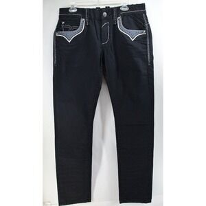 Men's‎ Rock Revival "Rancher" Straight Jeans Leather Inserts Size 32 X 34
